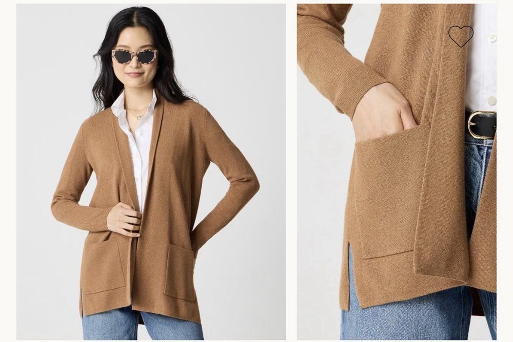 J. CREW Chelsea Open cotton sweater blazer in Heather Camel Large Petite J Crew